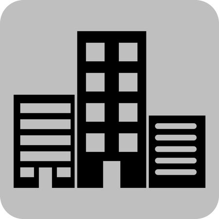 Vector illustration of multistory commercial building icon in black with grey background