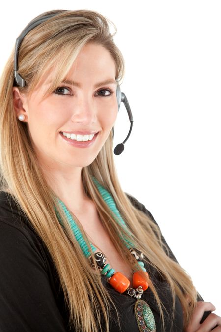 female customer support operator smiling - isolated over a white background