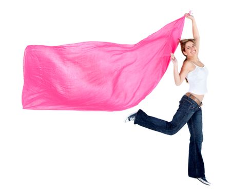 Woman with a pashmina jumping - isolated over a white background