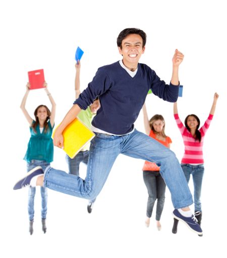 Happy group of students jumping - isolated over a white background