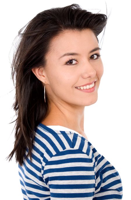 casial girl portrait where she is smiling over a white background