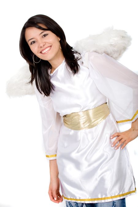 beaitiful female angel smiling over a white background