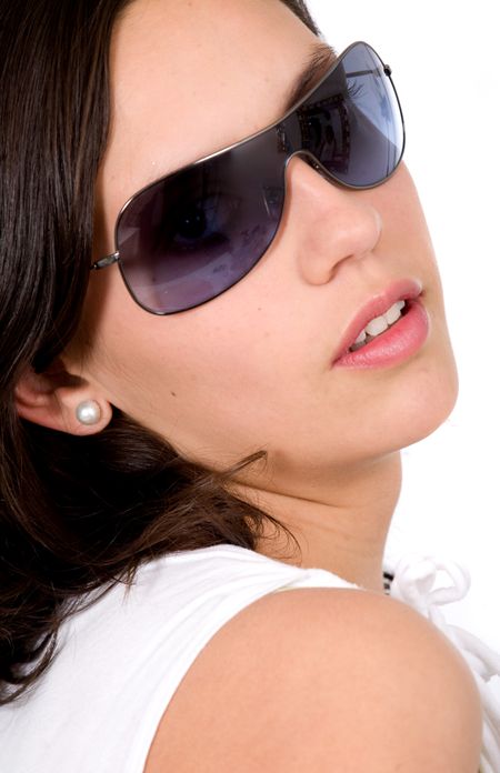 beautiful fashion girl with sunglasses isolated over a white background
