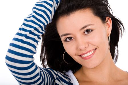 fashion woman portrait where she is smiling over a white background