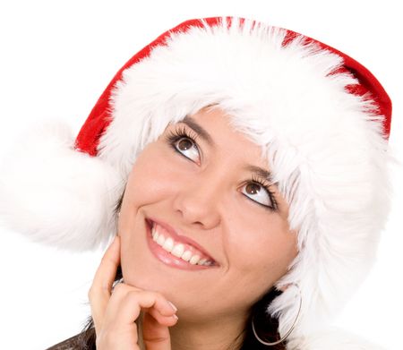 beautiful female santa portrait smiling looking forward to christmas with great expectations