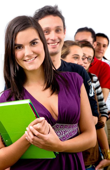 group of casual students at university over a white background
