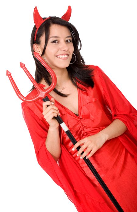 female red devil portrait smiling isolated over a white background