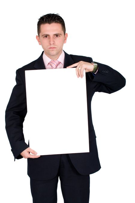 business man holding a cardboard isolated over a white background