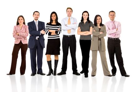 business team formed of young businessmen and businesswomen standing over a white background with reflections