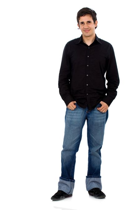 Casual friendly man in blue standing – isolated over a white background