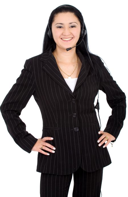 customer service girl smiling with hand on headset - isolated over a white background