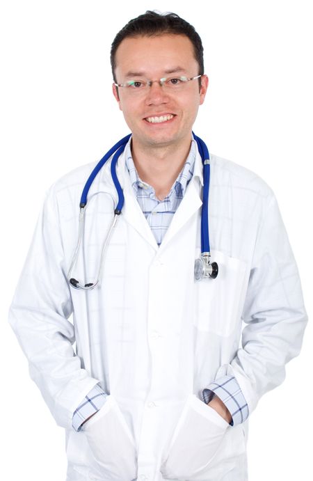 male doctor portait smiling over a white background