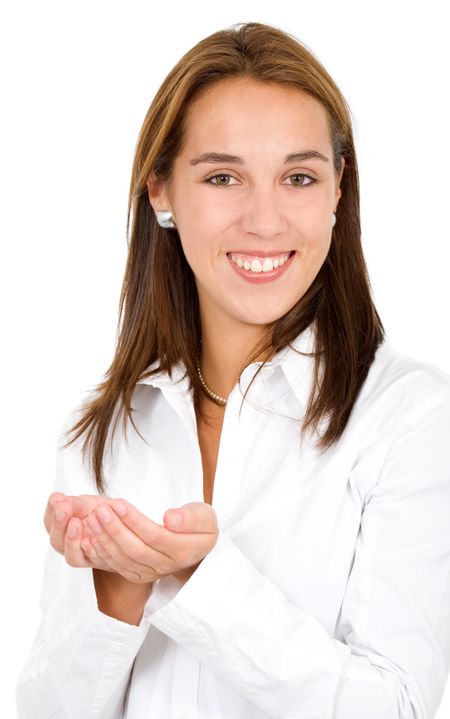 Business woman holding something in her hands smiling - isolated
