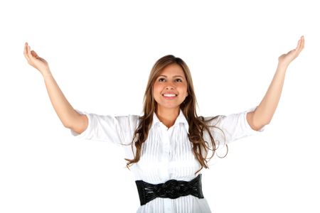 Successful business woman with her arms opened - isolated over white