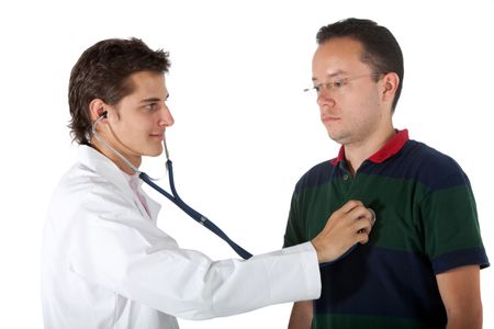 Doctor examining a patient with a stethoscope - isolated over a white background