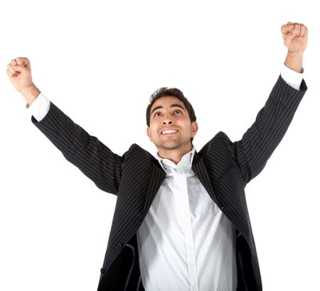 Successful business man with arms up - isolated over a white background