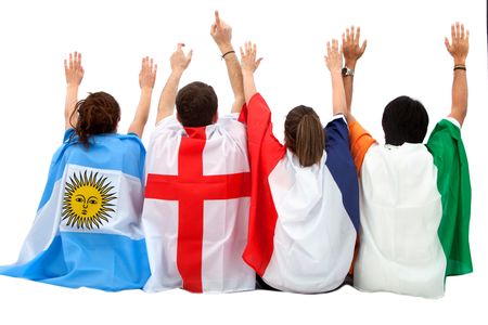 Patriotic group of people from different countries with flags isolated - rear view