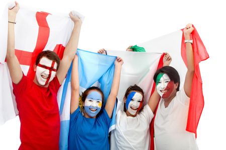 Patriotic group of people from different countries and flags painted on their faces ? isolated
