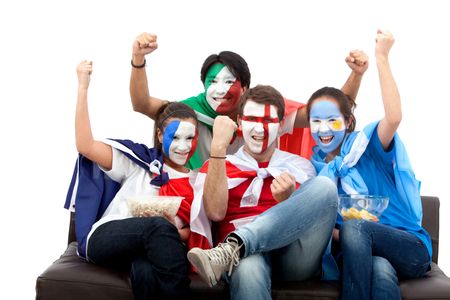 Patriotic group of people from different countries and flags painted on their faces ? isolated