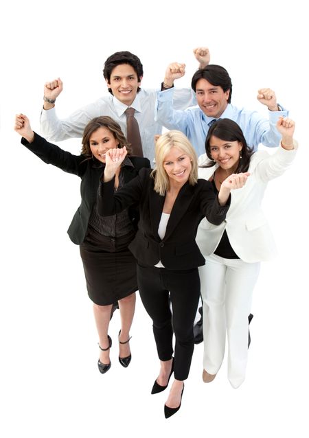 Successful business team with arms up - isolated over a white background