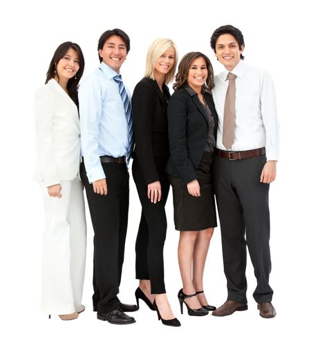 Business team smiling - isolated over a white background