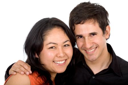 diverse hapy couple portrait isolated over a white background