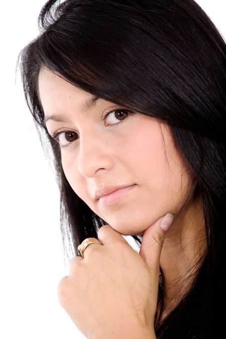 beautiful business woman portrait with hand on chin isolated over a white background