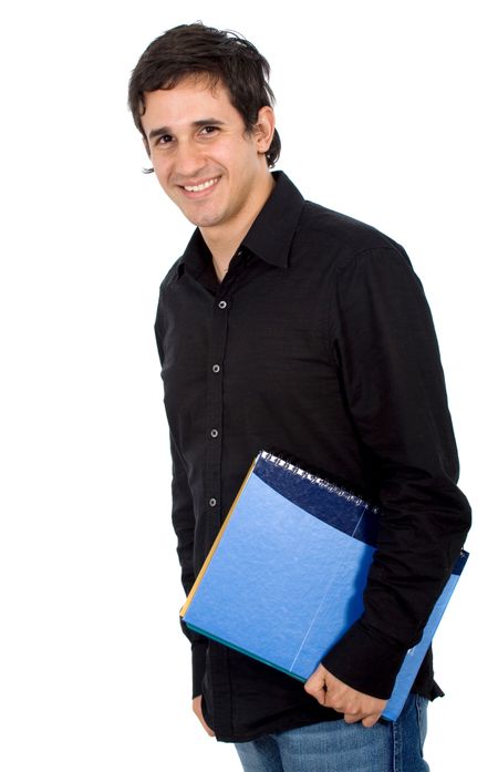 casual student with a notebook smiling at the camera - isolated over a white background