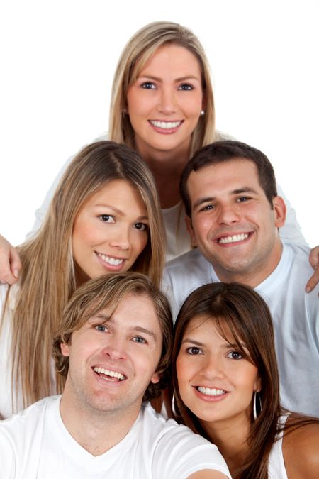 Happy group of friends smiling - isolated over a white background