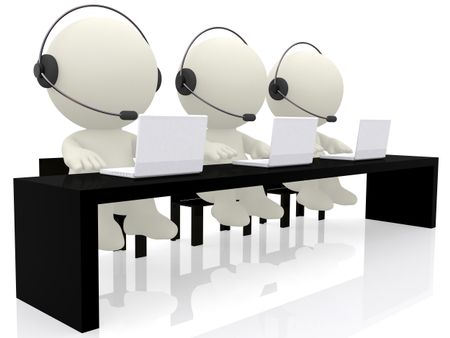 Call center operators sitting at their desks - isolated over a white background