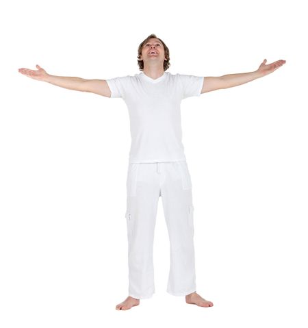 Excited fullbody man in white with arms opened - isolated