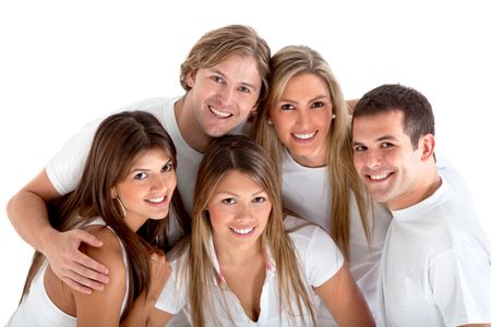 Happy group of friends wearing white clothes and smiling - isolated