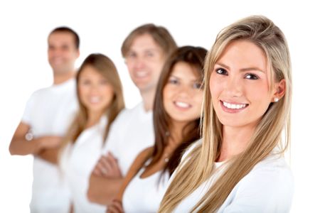 Group of people in a row smiling - isolated over a white background