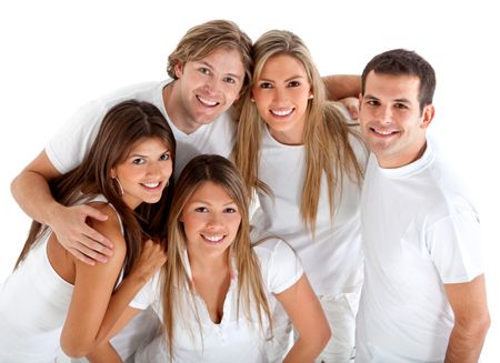 Happy group of friends wearing white clothes and smiling - isolated