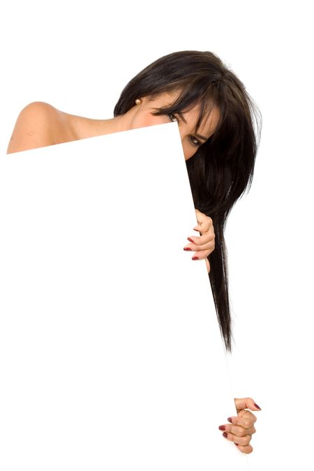 girl hiding behind a billboard isolated over a white background