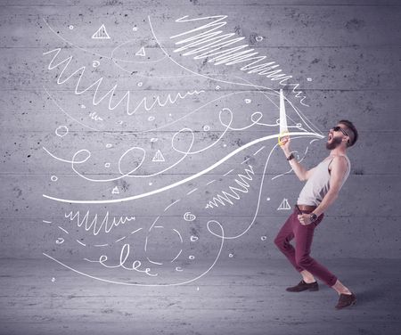 A mad hipster guy with beard shouting drawn white lines, curves on concrete urban wall illustration background concept