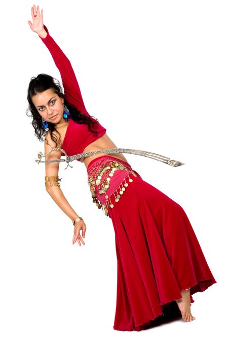 arabic dancer with a metal sword isolated over a white background