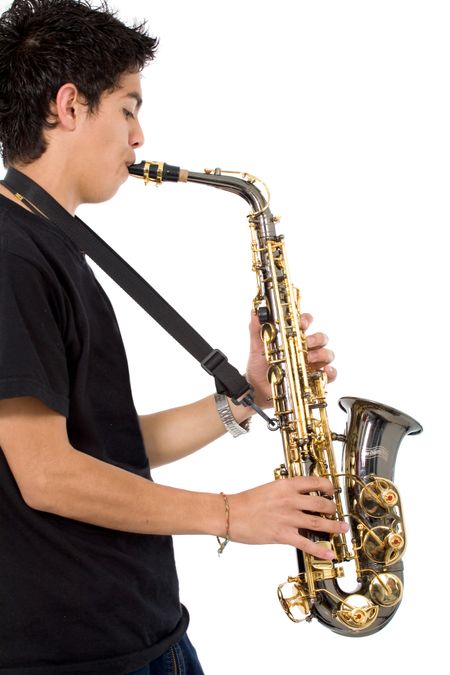 casual guy playing the saxo isolated over a white background