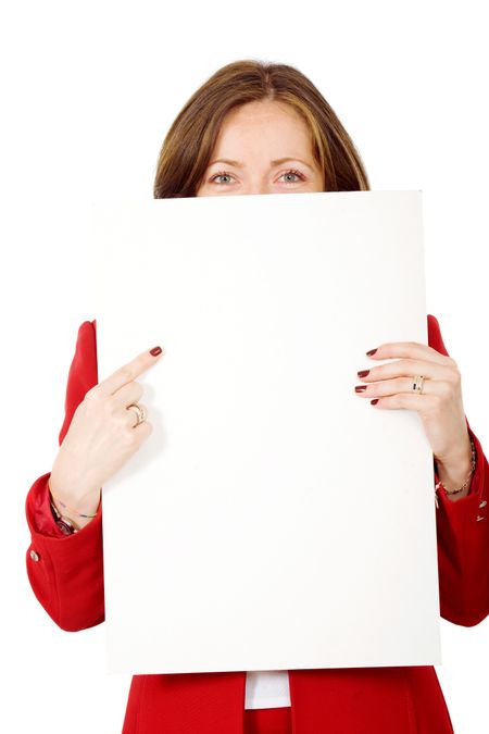 business woman holding a banner add isolated over a white background