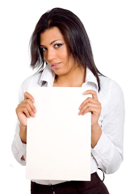 business woman holding a cardboard isolated over a white background