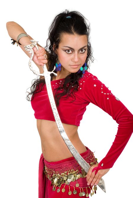arabic dancer with a metal sword isolated over a white background