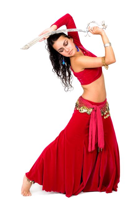 arabic dancer with a metal sword isolated over a white background