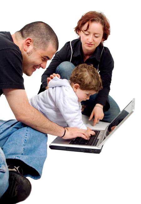 parents and kid on a laptop computer isolated over a white background