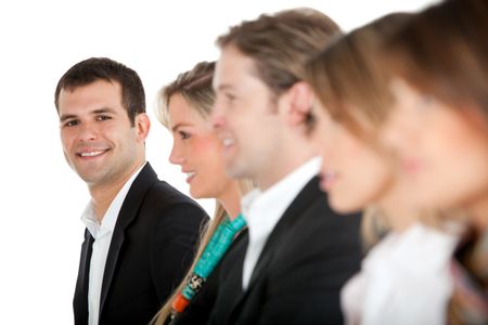 Group of business people in a row - isolated over a white background
