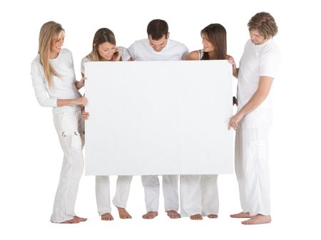 Group of people holding a banner isolated over a white background