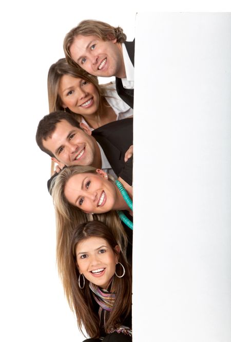 Business group with a banner isolated over a white background