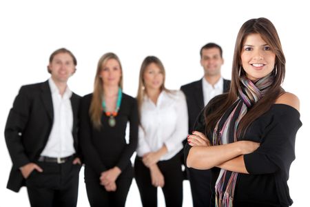 Woman leading a business team isolated over a white background