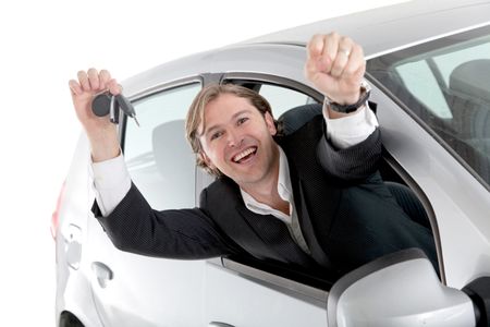 Happy man coming from a car?s window ? isolated over a white background