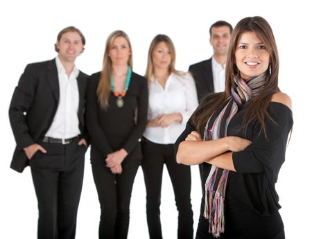 Woman leading a business team isolated over a white background