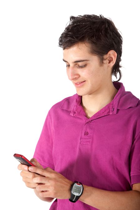 Man texting on his phone - isolated over a white background